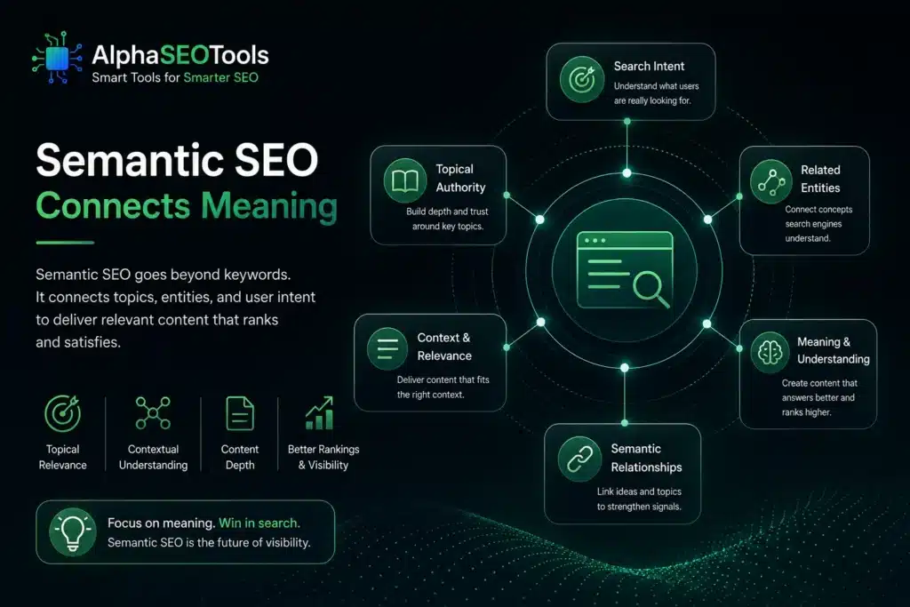 Semantic SEO Explained Simply: Mastering NLP, Contextual Keywords & Meaning-Based Search 2 Semantic SEO guide by alphaseotools.com