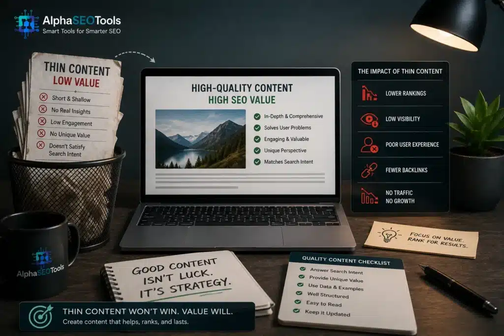 Thin Content SEO Problem: The Complete Guide to Finding, Fixing, and Preventing Low-Value Pages 2 laptop showing the high quality seo content work and trashbin shaowing the low and thin content all by Thin Content SEO Problem guide by alphaseotools.com