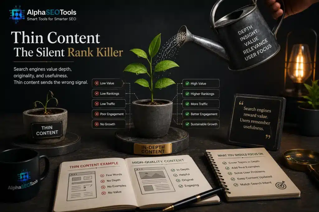 Thin Content SEO Problem: The Complete Guide to Finding, Fixing, and Preventing Low-Value Pages 3 difference overiew between low and thin content and high depth content for Thin Content SEO Problem guide by alphaseotools.com