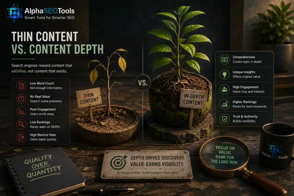 Thin Content SEO Problem: The Complete Guide to Finding, Fixing, and Preventing Low-Value Pages 4 difference overiew between low and thin content and high depth content for Thin Content SEO Problem guide by alphaseotools.com