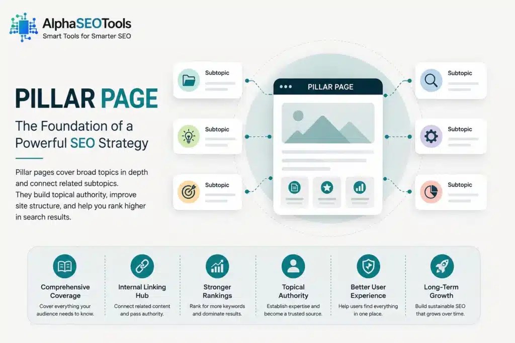 The Pillar Page: Your Complete Blueprint to Building Topic Authority, Dominating Search, and Structuring Content That Ranks 2 overview to Pillar Page by alphaseotools.com