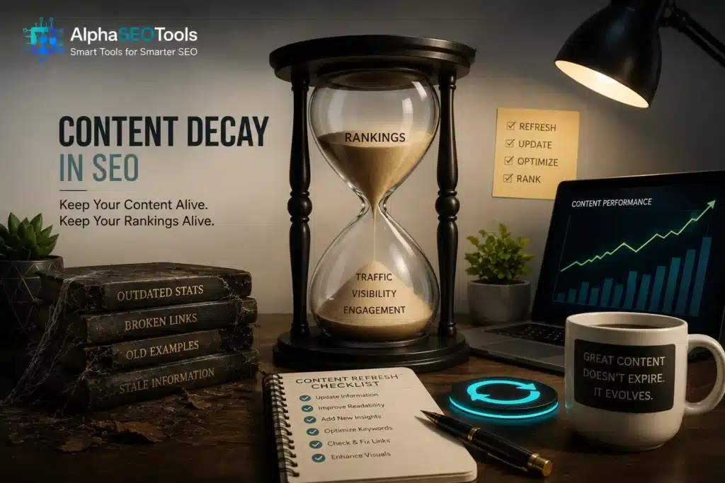 Step by step guide to Content Decay in SEO and its stoppage; Time When Good Content Goes Quiet? 2 guide to the content decay in seo by alphaseotools.com